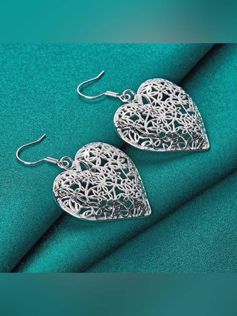 Silver Tone Filigree Heart Earrings - Picture 2 of 3